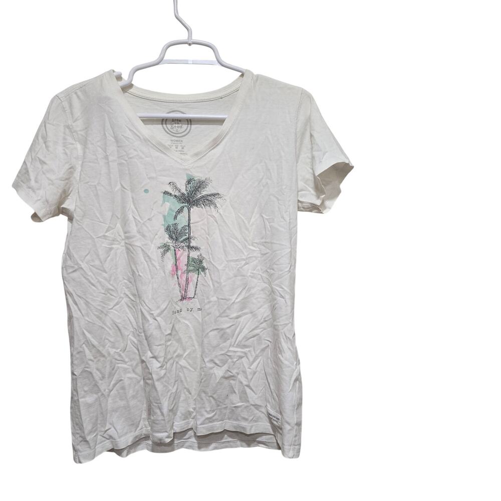 Life is Good Medium Palm Tree Graphic V Neck Tee White Beach Coastal